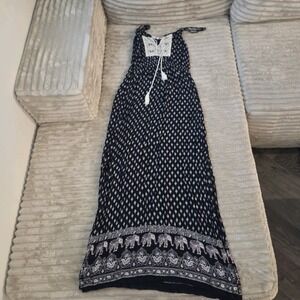 Mint of Blush Navy Blue Elephant Paisley Maxi Dress Small Boho Double Side Slits